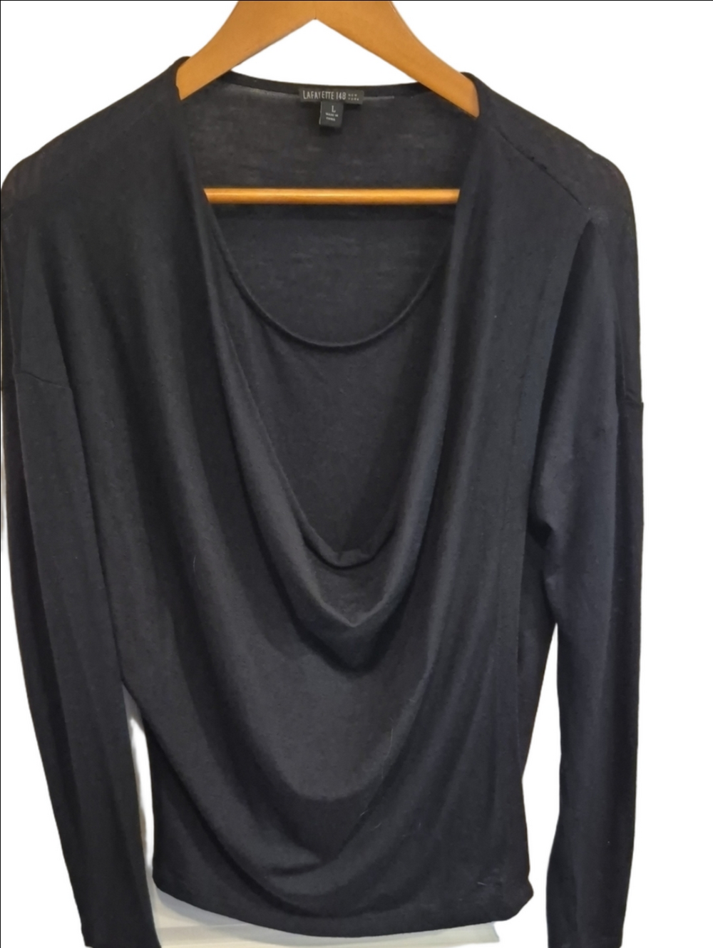 Lafayette 148 New York Black Drap Neck Virgin Wool Long Sleeve Top In Size Large